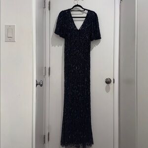 Aidan Mattox Navy Blue Beaded V-Neck Maxi Dress
